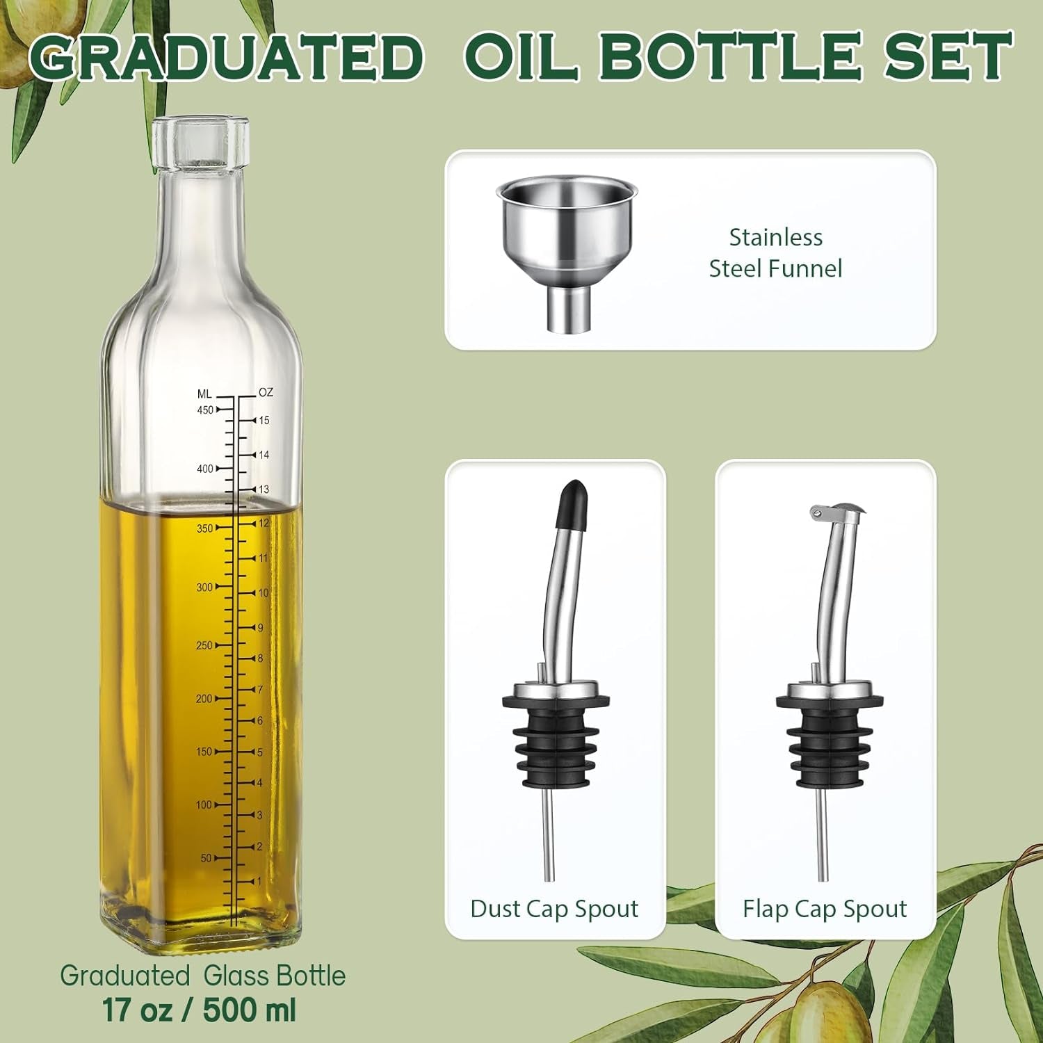 17Oz Glass Olive Oil Dispenser Bottle - 500Ml Clear -Oil & Vinegar Cruet with Pourers and Funnel - Olive Oil Carafe Decanter for Kitchen