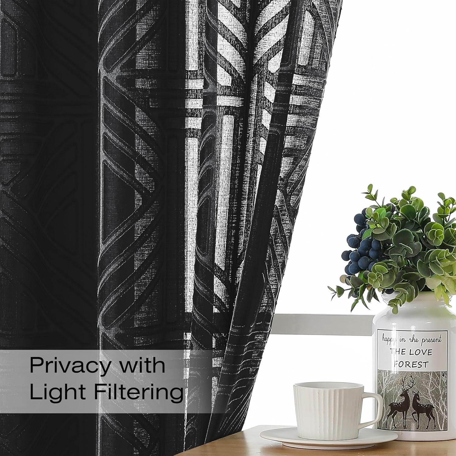 Black Sheer Kitchen Curtains 36 Inch Length Tier Curtains 2 Panels, Light Filtering Geometric Jacquard Clip Textured Semi Sheer Short Window Curtains for Bathroom, 42X36 Inch