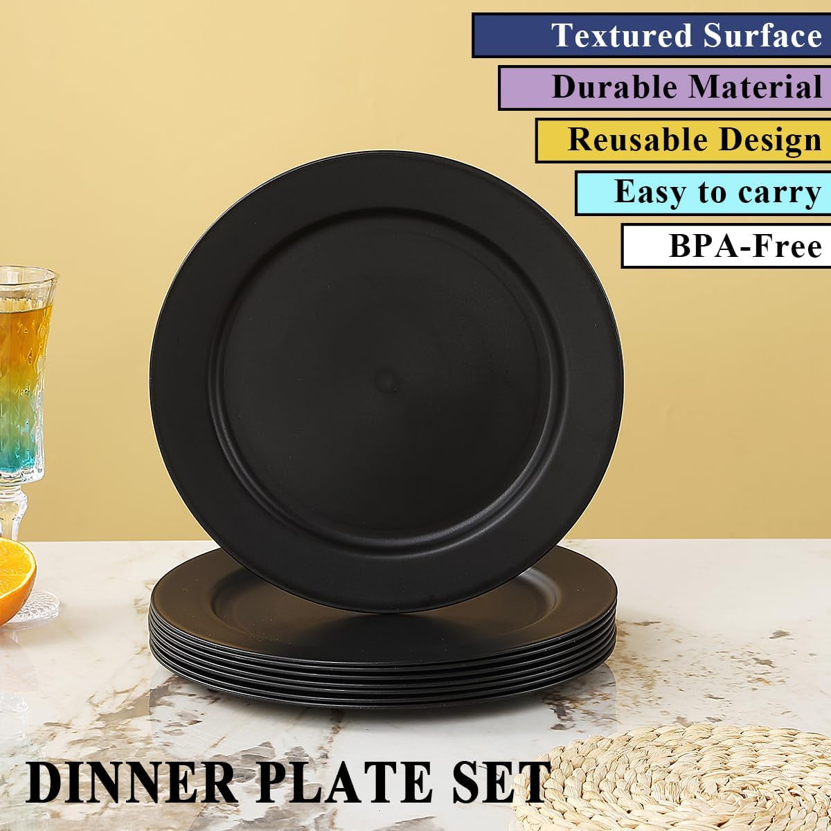 Set of 8 Reusable 10-Inch Black Plastic Plates - Versatile Dinner, Salad, and Pasta Dishes for Home, Garden, Picnic, Camping, and Outdoor Use