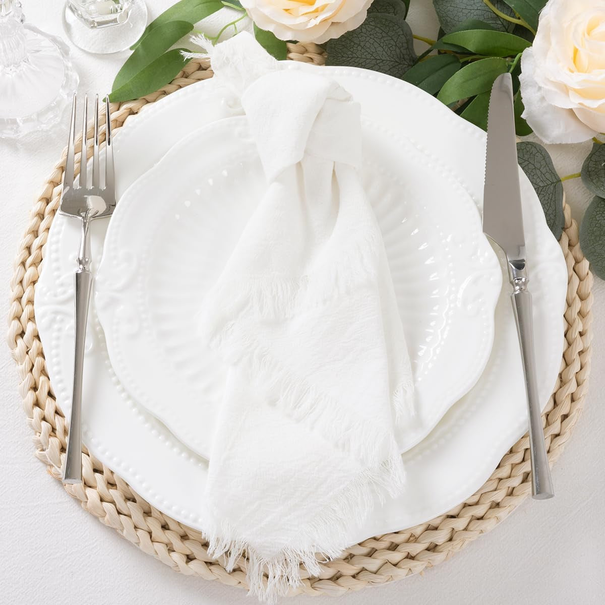 6 Pack Ivory White Cotton Linen Napkins with Fringe Thanksgiving Fall Cloth Napkins Set of 6 Boho Handmade Dinner Table Napkins Bulk for Wedding Baby Shower Christmas Parties, 17 X 17 Inches