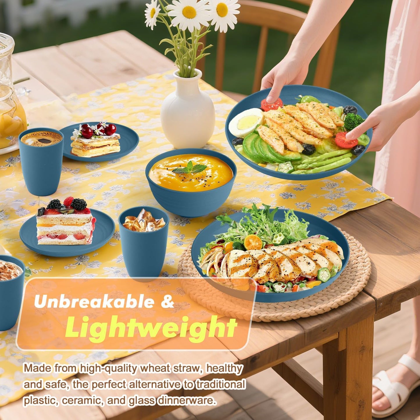 Premium Wheat Straw Dinnerware Set - Complete with Dinner Plates, Dessert Plates, Cereal Bowls, and Drinking Glasses - Microwave and Dishwasher Safe - Perfect for Camping - Blue