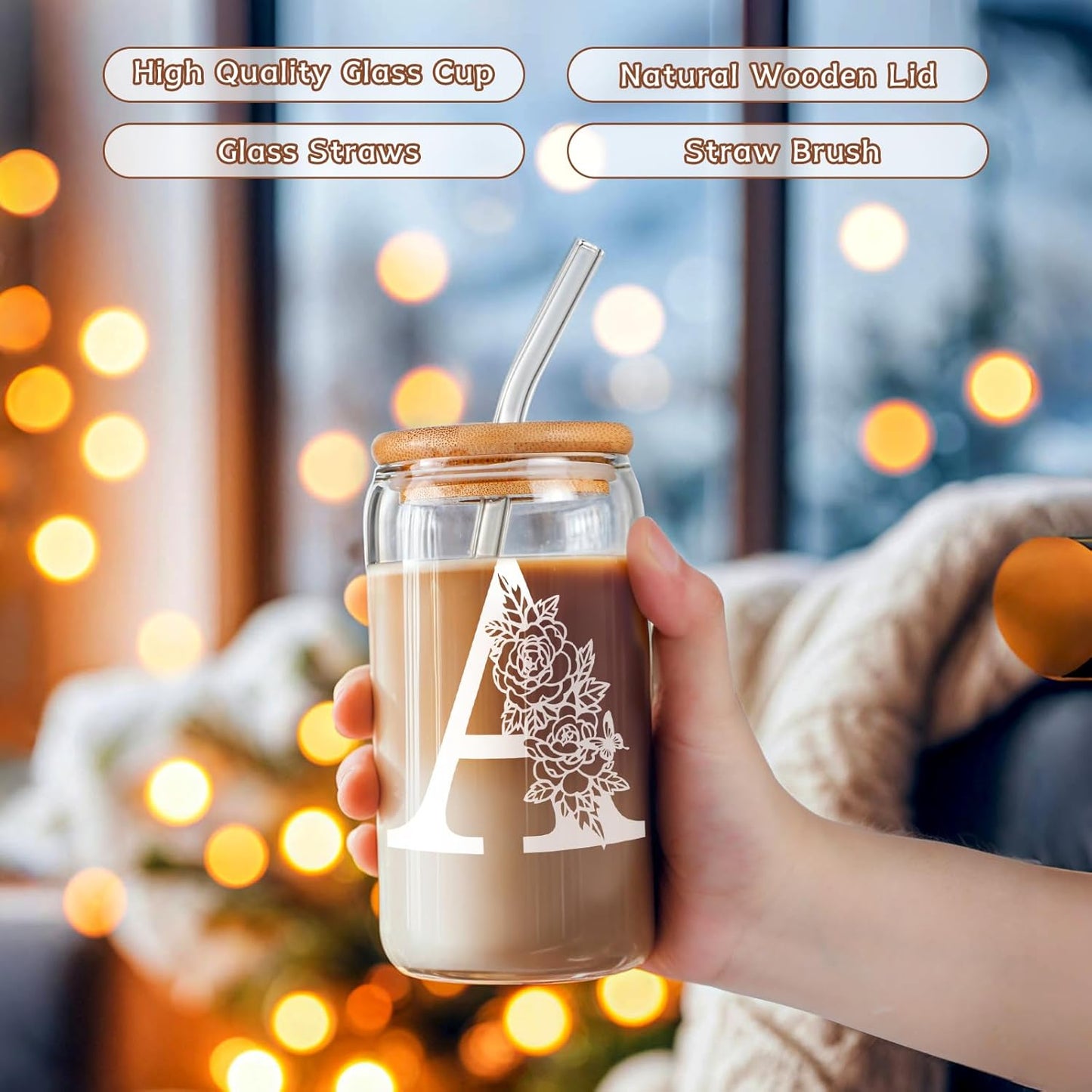 Gifts for Holidays,Birthday Gifts for Women,Personalized Initial Glass Cup as Iced Coffee Cups,Aesthetic Smoothie Cup Cute Beer Tumbler,16 Oz Glass Cups with Lids and Straws-A(1Psc)