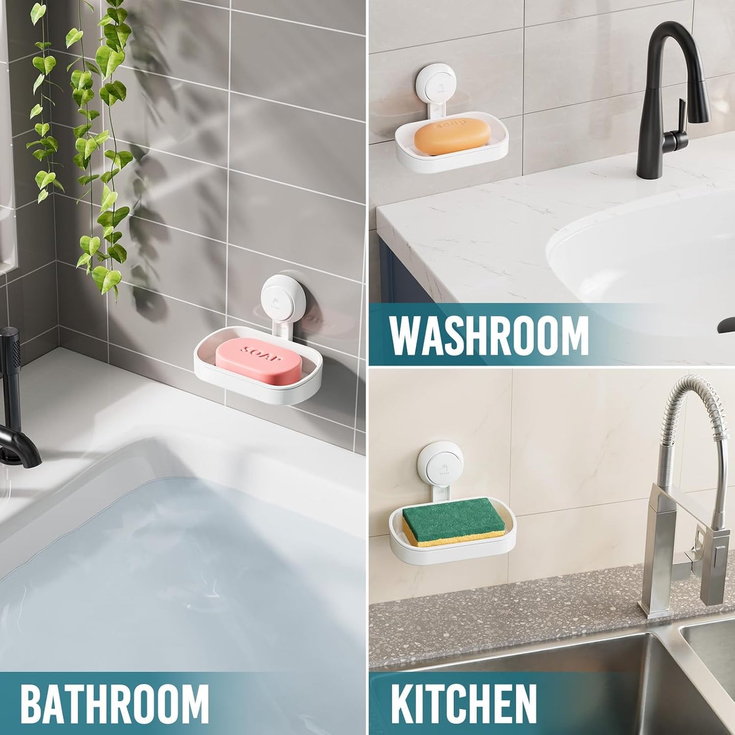 Soap Dish Soap Holder Suction Cup Powerful Vacuum Suction, Strong Sponge Holder for Shower, Bathroom, Tub and Kitchen Sink, Drill-Free, Removable