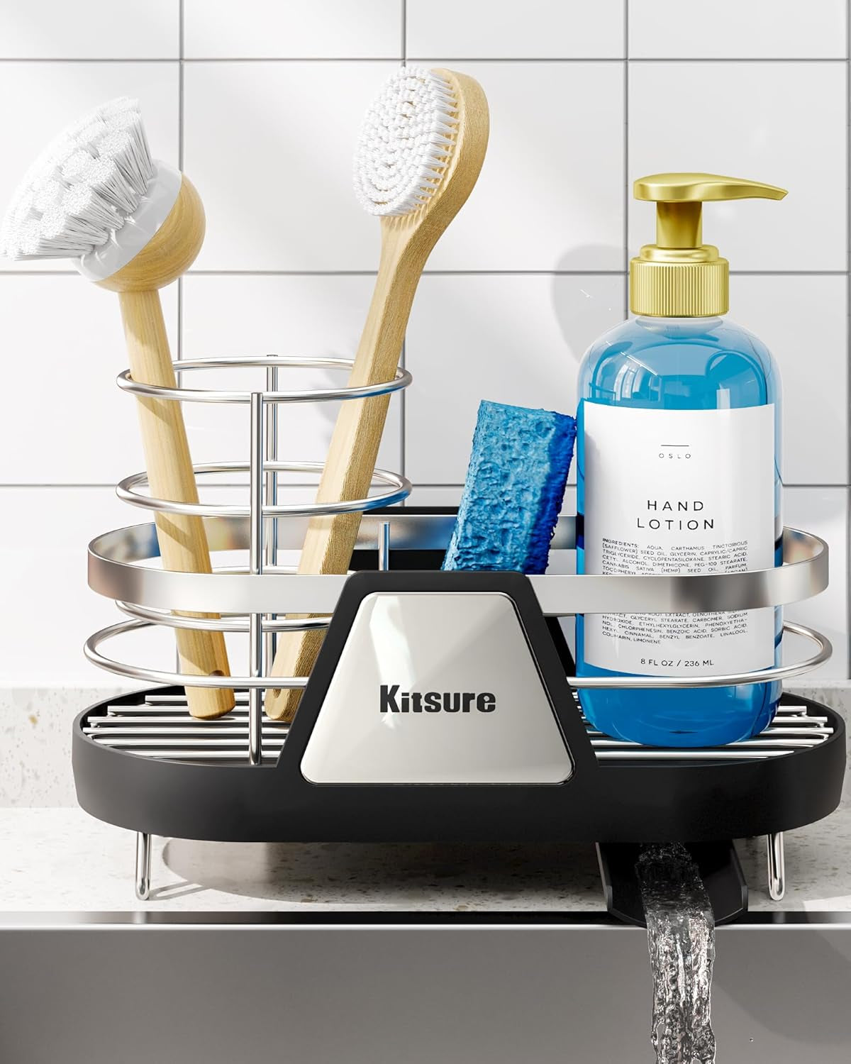 Sponge Holder for Kitchen Sink - Space-Saving Kitchen Sink Caddy, Rustproof Metal Organizer with Removable Brush Holder, 7.9"×3.9"×5.3", Black