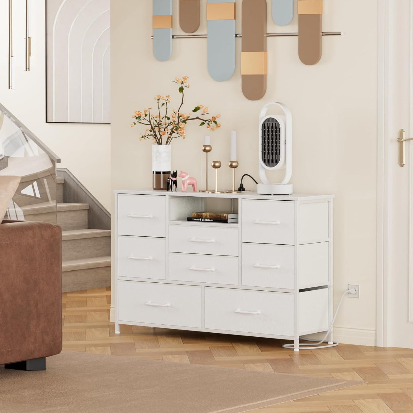Wide Chest Dresser with Power Outlet for 55" TV Stand - 8 Deep Drawers for Storage in Bedroom, Living Room, Entryway, Hallway, and Closet (White)