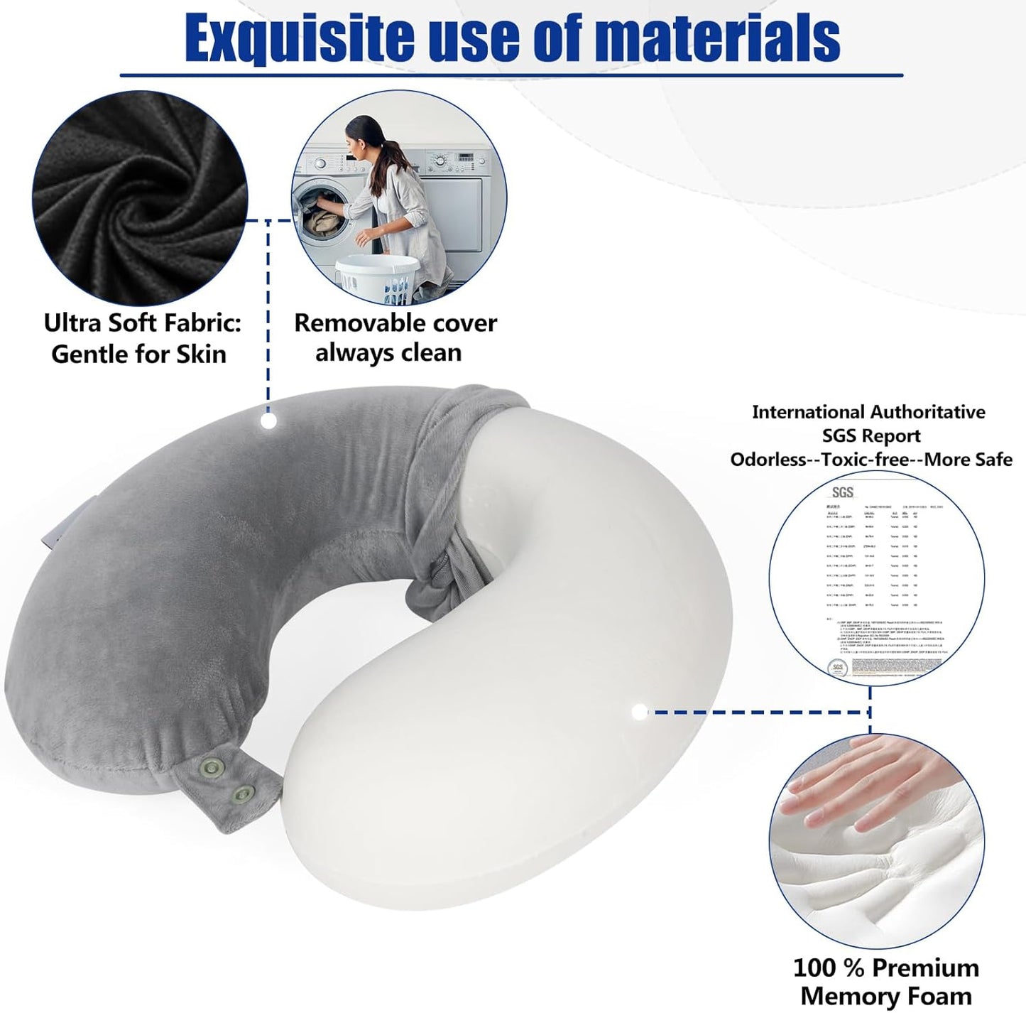 Travel Pillows for Sleeping Airplane 100% Pure Memory Foam Neck Pillow for Airplanes Washable Cover(Grey)