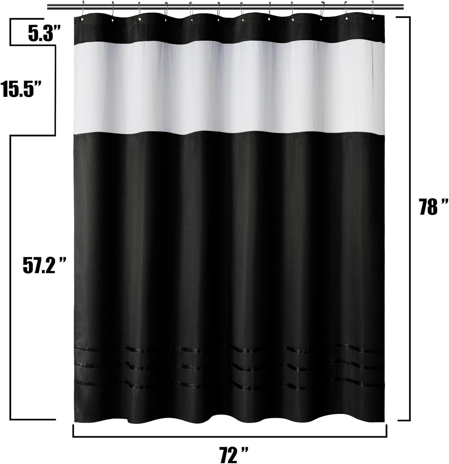 Waffle Weave Shower Curtain Set with Snap-In Fabric Liner, Heavyweight Fabric with 12 Hooks, Waterproof and Washable, Mesh Top Window, 78 "X 72", Black