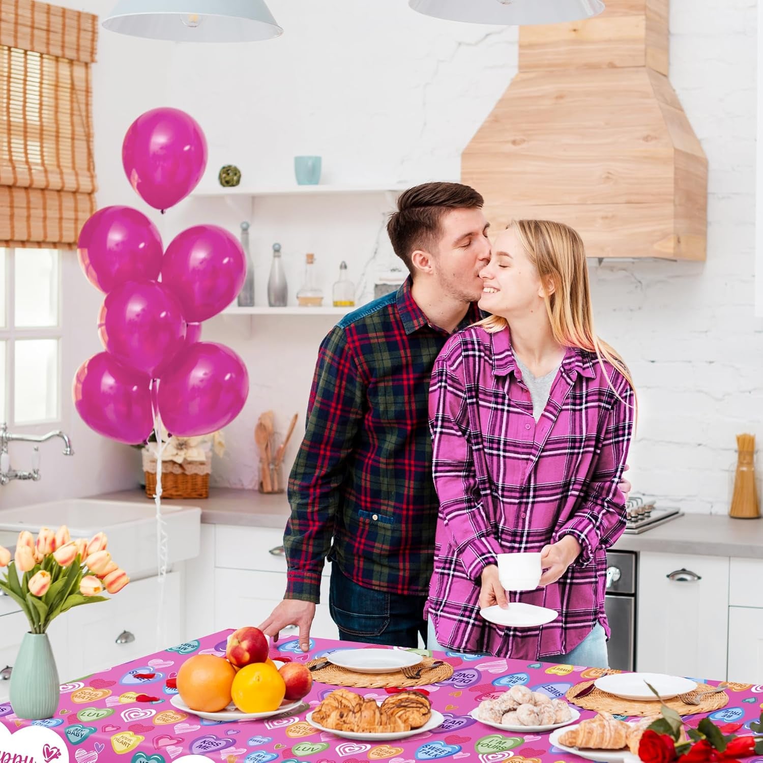 Set of 4 Disposable Waterproof Tablecloths, 54x108 inches, Featuring Love Hearts and Text for Galentine's Day, Weddings, Anniversaries, Engagements, and Celebrations