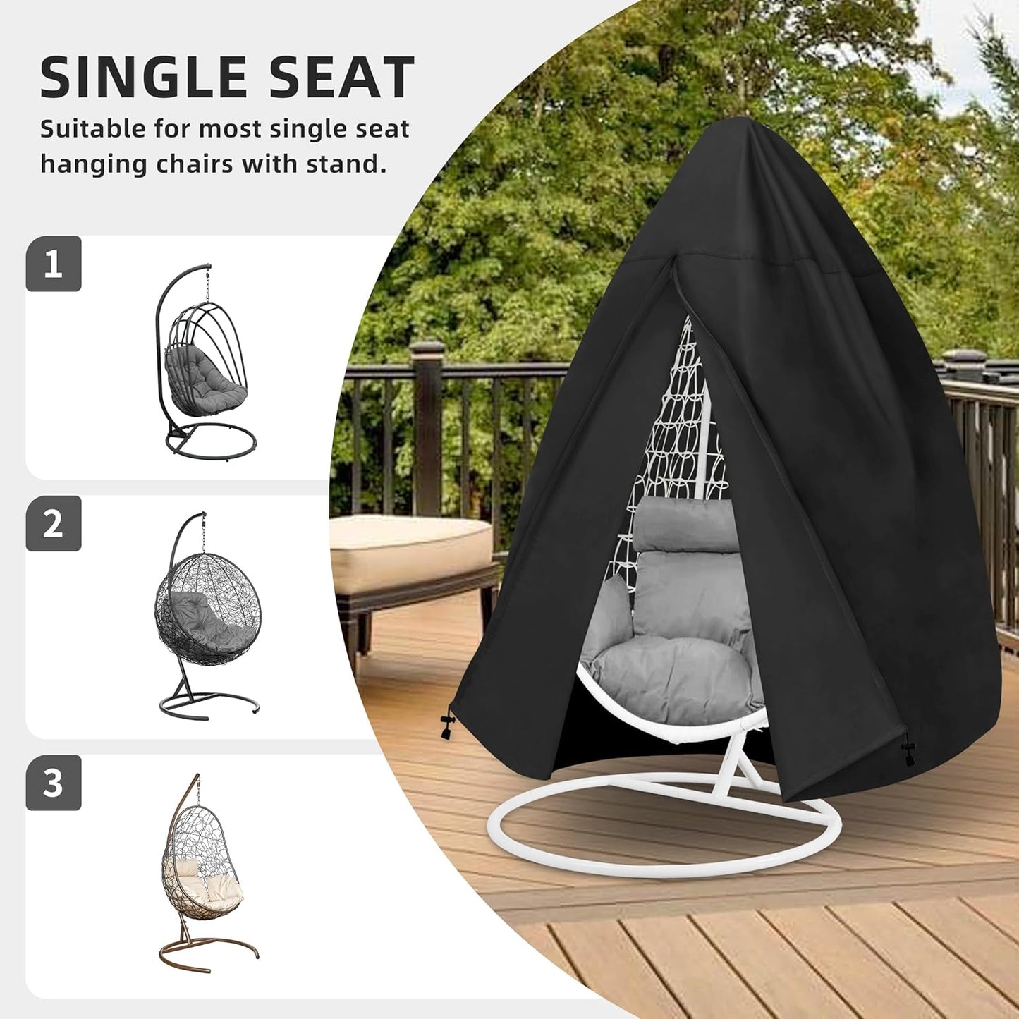 Patio Hanging Egg Chair Cover, UV Resistant Waterproof Outdoor Single Seat Swing Chair Cover with Zipper, Black
