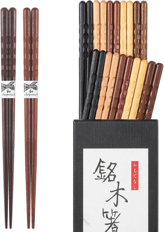 10 Pairs Reusable Wooden Chopsticks, Japanese Style Natural Wood Chopstick Classic Style Chop Stick 8.8 Inch