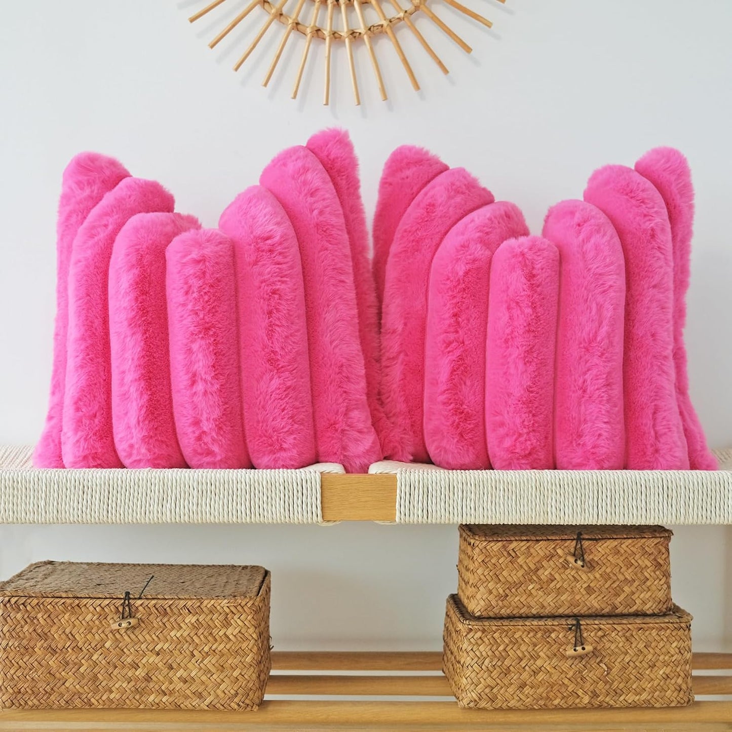 Pack of 2 Faux Fur Plush Decorative Throw Pillow Covers Couch Cushion Case Soft Fluffy Pillowcases Wide Stripe (Hot Pink, 16 X 16 Inch)