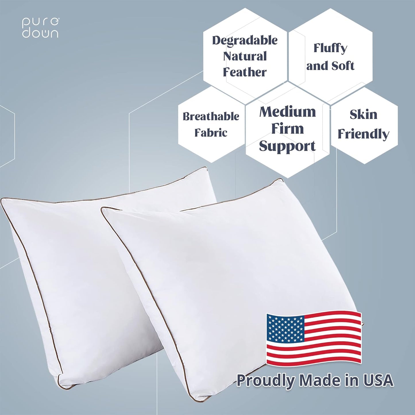 ® Made in USA Soft Fluffy Medium Firm Hotel Pillow, 100% Cotton Cover, Luxury Bed Pillows Standard Size Set of 2 for Back, Stomach or Side Sleeper.
