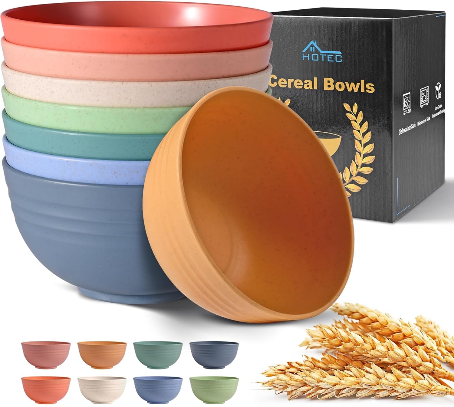 BPA Free Unbreakable Wheat Straw Cereal Bowls - Microwave & Dishwasher Safe Soup and Salad Bowls, Set of 8, 26Oz, Multicolor