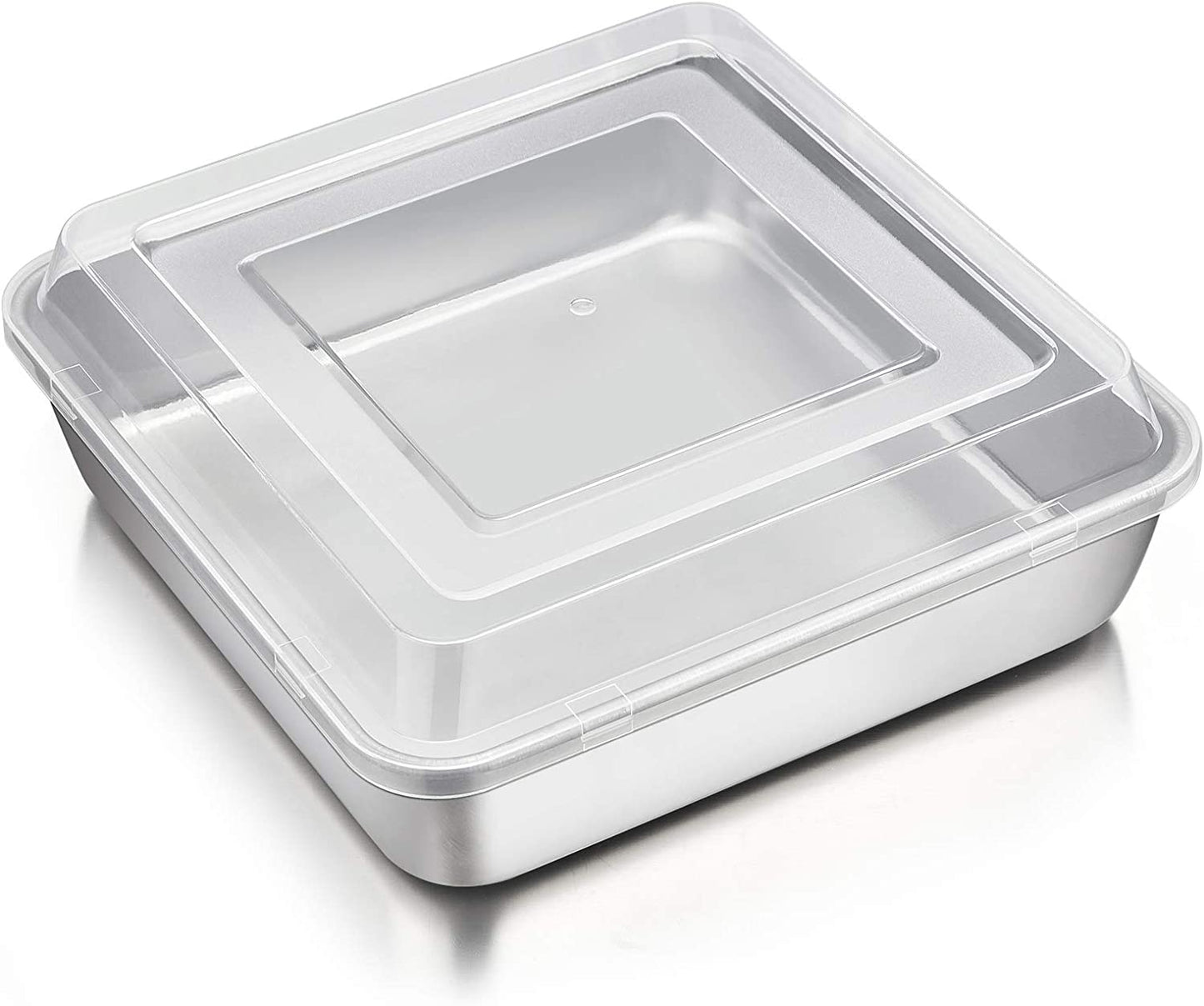 Square Baking Cake Pan with Lid, Stainless Steel Lasagna Brownie Pan and Plastic Cover for Picnic Wedding Birthday, Healthy & Sturdy, Oven & Dishwasher Safe, (8 Inch, 2Pcs)