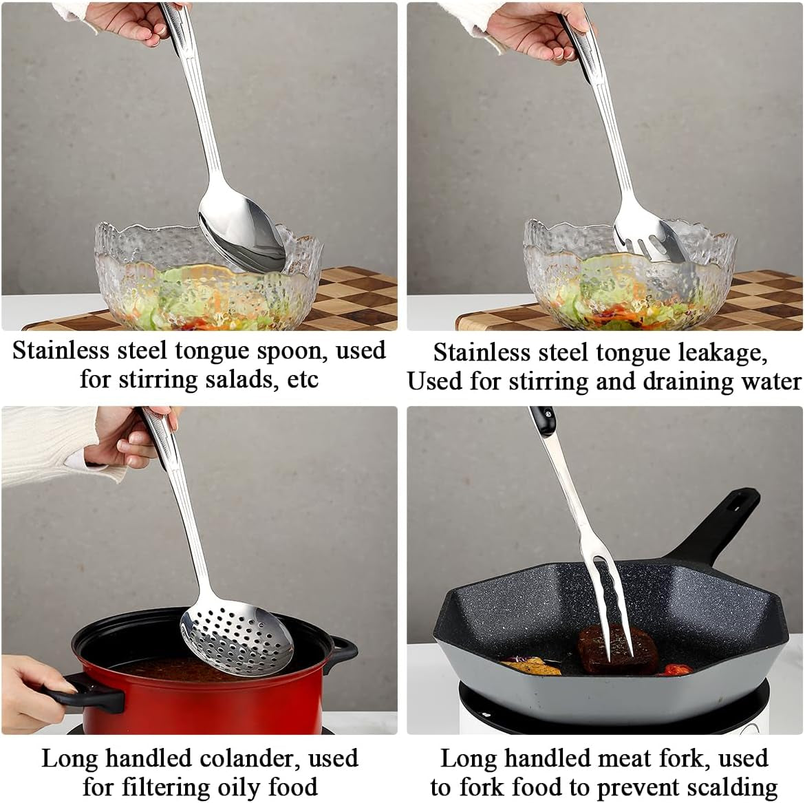 Premium 6-Piece Stainless Steel Kitchen Utensil Set with Essential Cooking Tools Including Metal Spatula, Skimmer, Ladle, Serving Spoon, Slotted Spoon, and Carving Fork