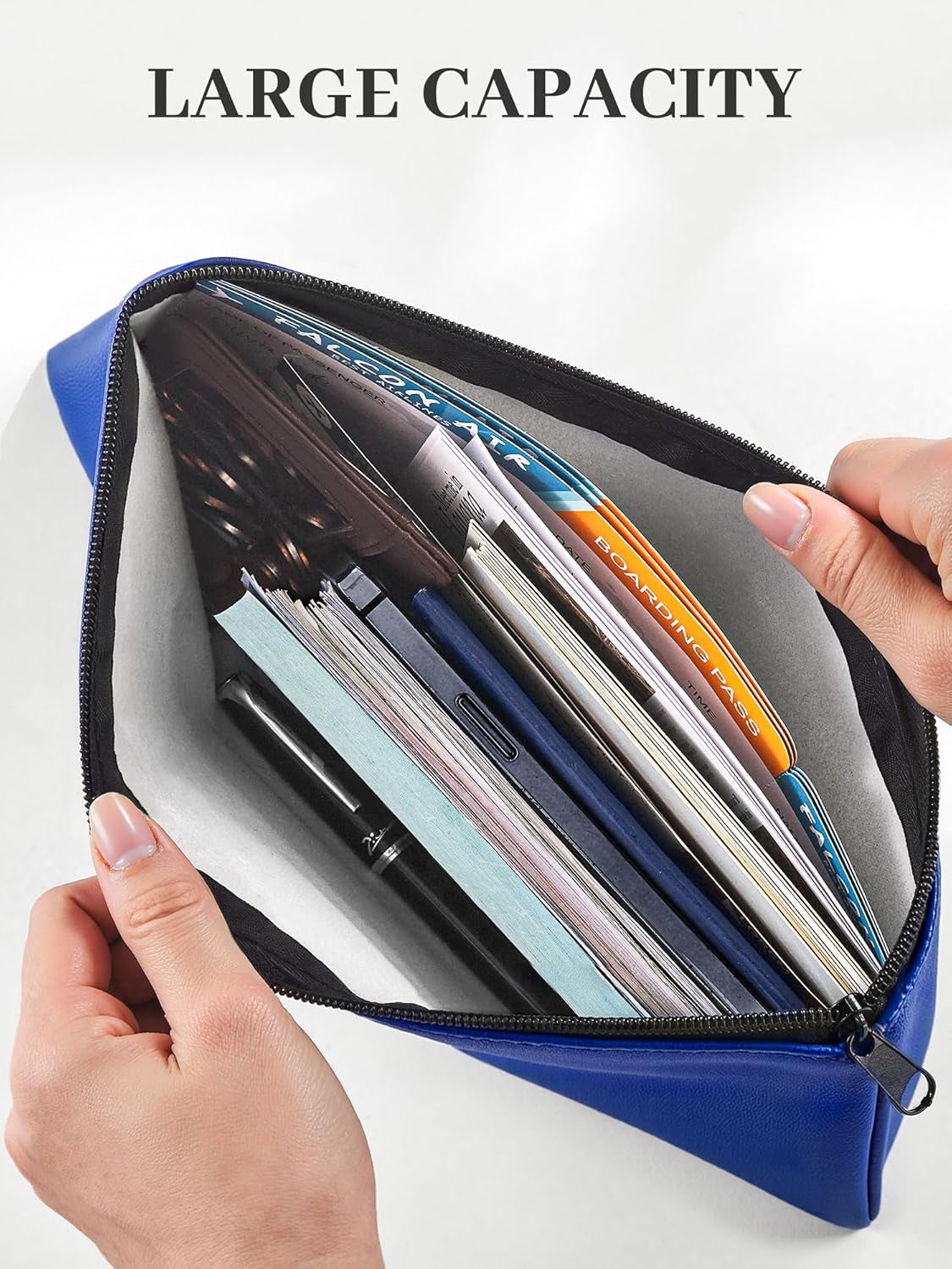 Money Bags with Zipper, 2-Pack Bank Bags with Label, Waterproof Leather Money Pouches, for Cash Coin Bill Invoice Deposit Receipt Storage and Organize, 11.5 X 6.2 Inches (Blue)