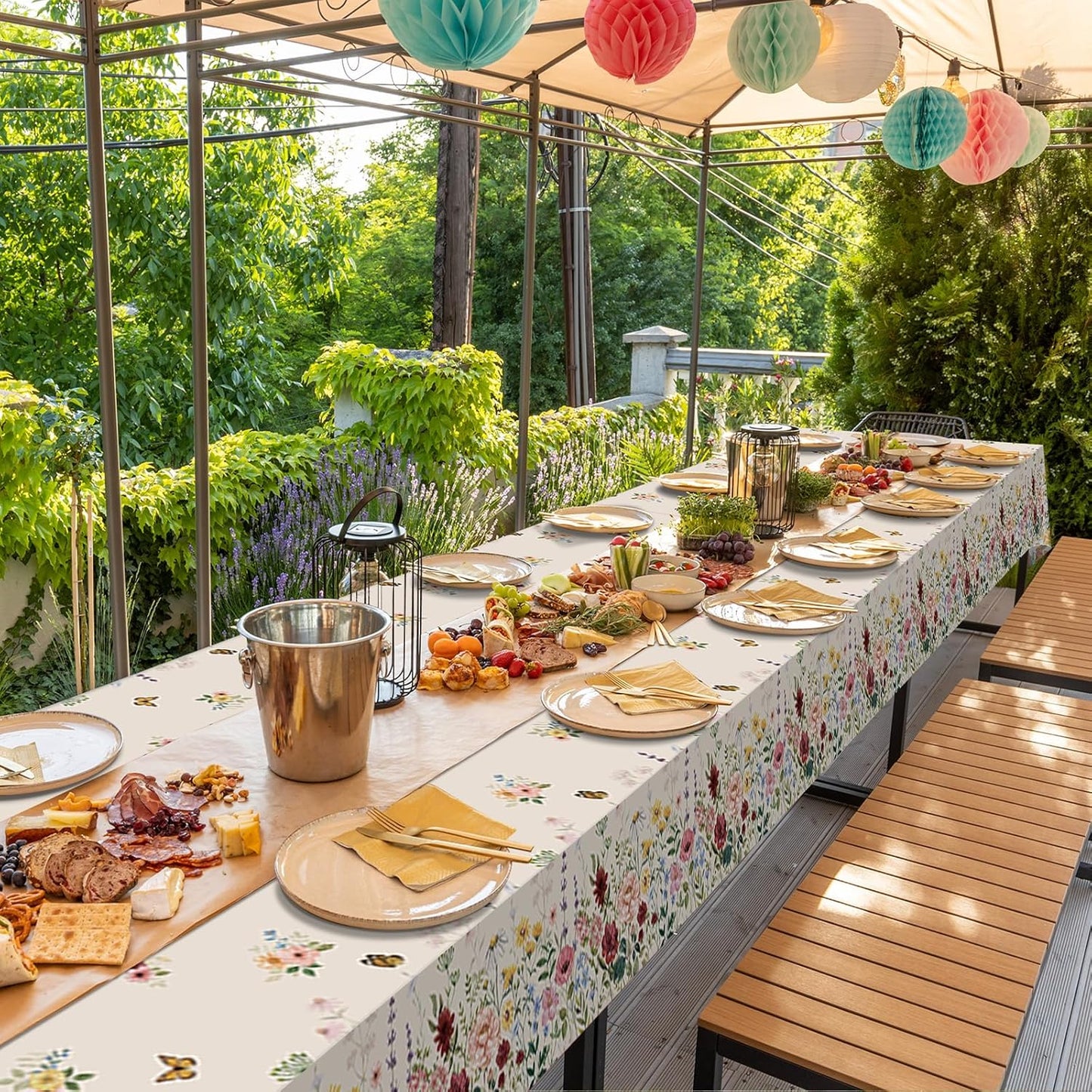 1 Pcs Spring Floral Tablecloth, Butterfly Wildflower Plastic Disposable Tablecloth Rectangle Table Covers for Easter, Birthday, Wedding, Mothers Day Tea Party Supplies and Decorations,54 X 108 Inch