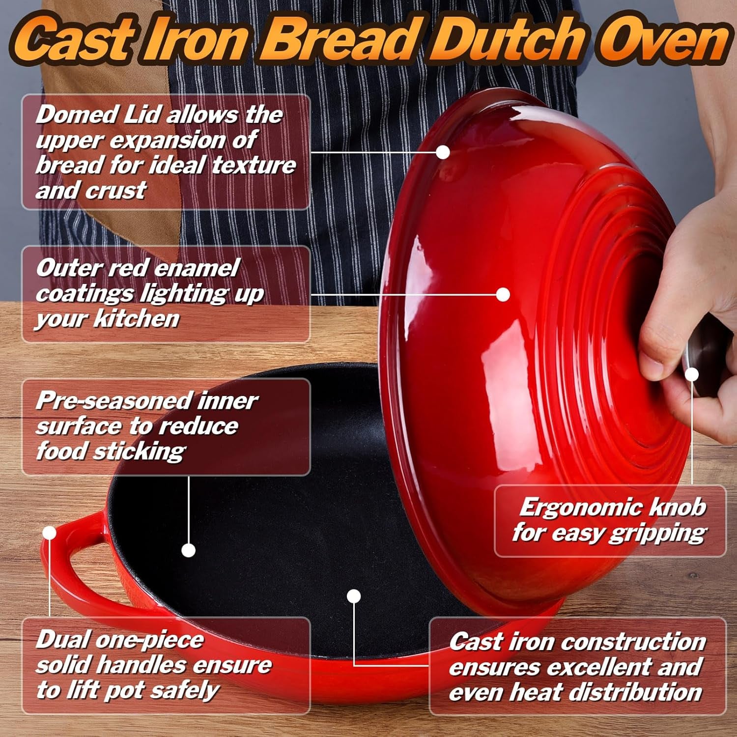 Dutch Oven for Bread Baking, 5.5 Quart Enameled Cast Iron Bread Oven with Lid, round Bread Pan for Homemade Sourdough Baking, Easy to Clean & Dome Lid, Red