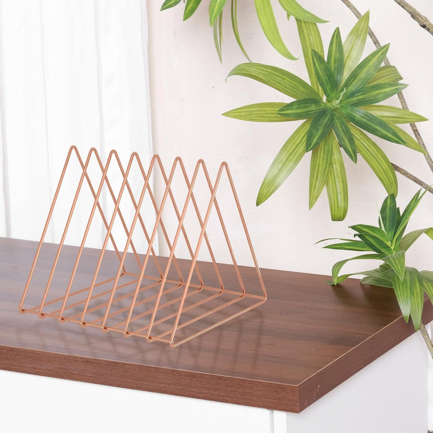 Triangle Desk Organizers Metal Wire Magazine Holder 7 Sections Decorative Vinyl Record Storage Office File Organizer for Desk - Rose Gold Magazine File Holder - 2 Pack