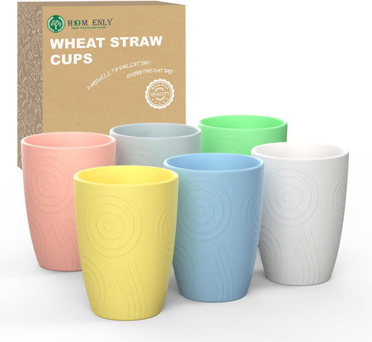 Wheat Straw Reusable Drinking Glasses - Set of 6 Eco-Friendly 12 OZ Tumblers, Unbreakable and Dishwasher/Microwave Safe (Macaron Series)