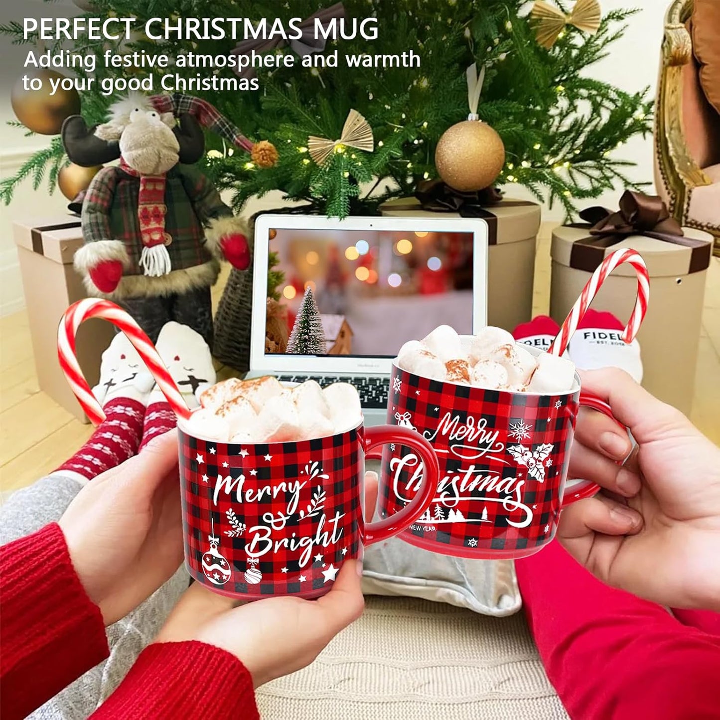 Christmas Mug Set of 6, 16Oz Red Black Plaid Christmas Coffee Mug, Christmas Table Centerpieces Decor Stackable Christmas Coffee Mug as Christmas Gifts for Family, Friends and Colleagues
