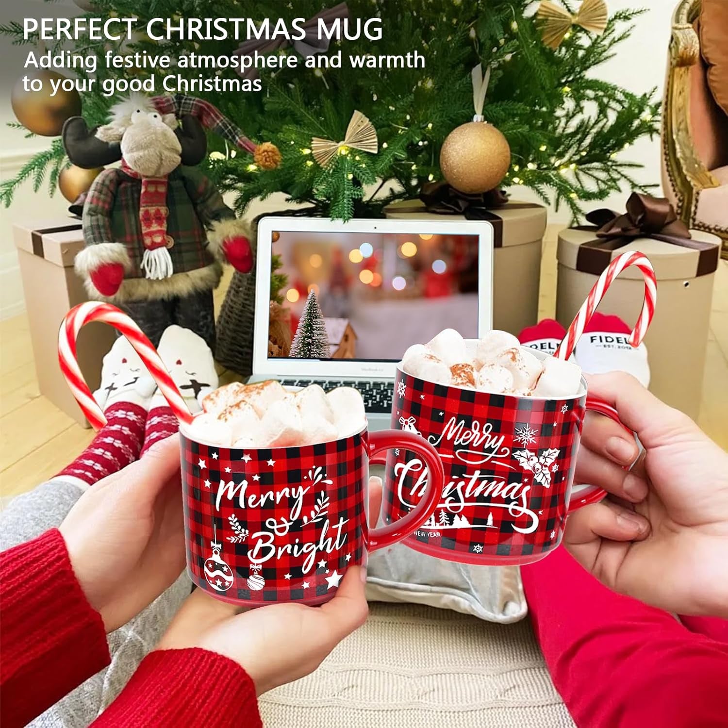 Christmas Mug Set of 6, 16Oz Red Black Plaid Christmas Coffee Mug, Christmas Table Centerpieces Decor Stackable Christmas Coffee Mug as Christmas Gifts for Family, Friends and Colleagues