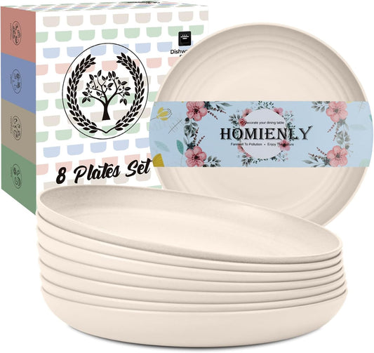 Set of 8 Unbreakable 9-Inch Wheat Straw Dinner Plates, Dishwasher and Microwave Safe, Modern Beige Design