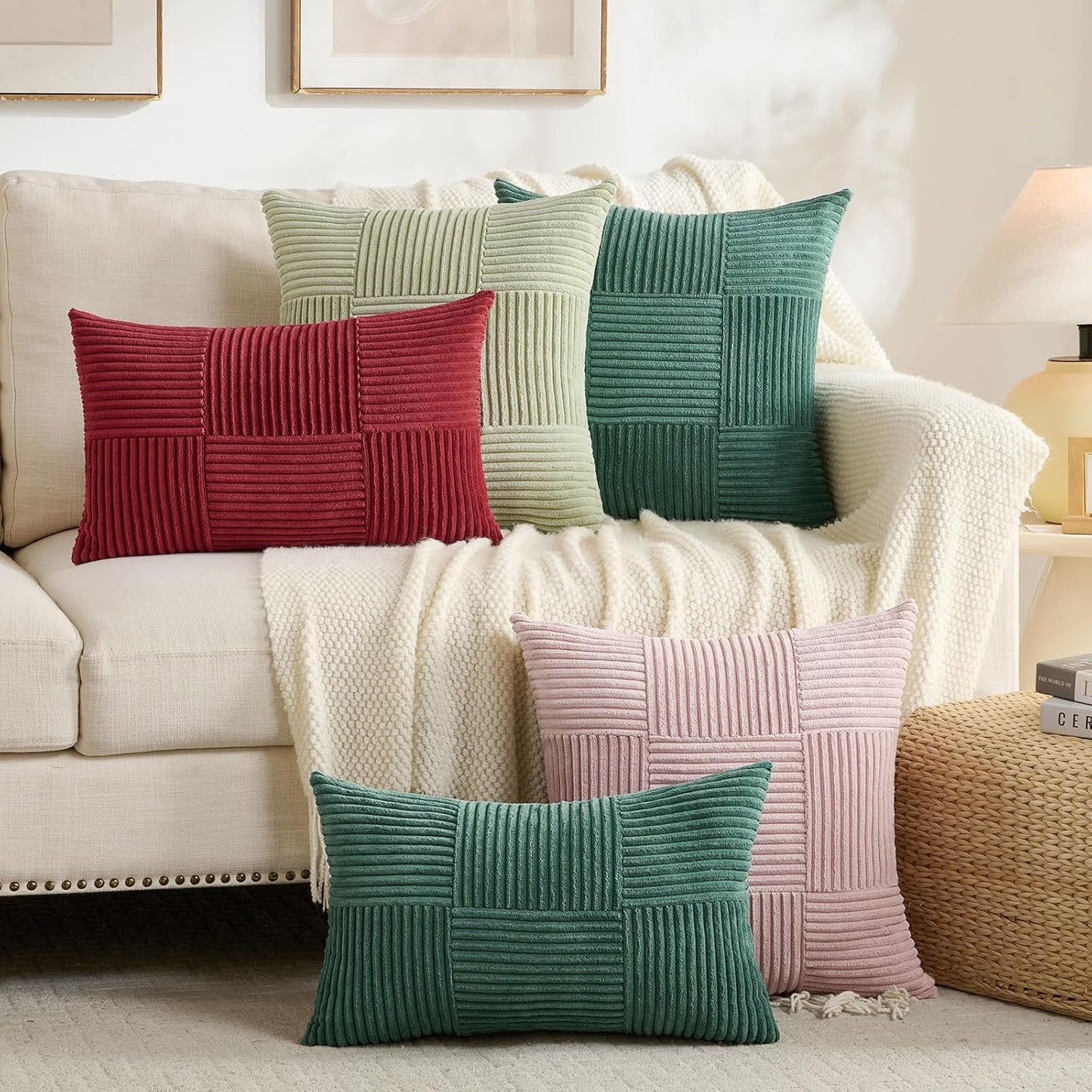 Set of 2 Dusty Blue Lumbar Boho Decorative Throw Pillow Covers 12X20 Inch for Living Room Bedroom Couch, Modern Farmhouse Home Decor, Soft Striped Patchwork Plaid Corduroy Cushion Case