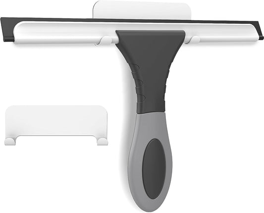 All-Purpose Silicone Shower Squeegee for Glass, Window, Door, Mirror, Car Windshield & Tile Wall, Portable Cleaner Tools, Includes One Hook & One Adhesive,10 Inches (Black)