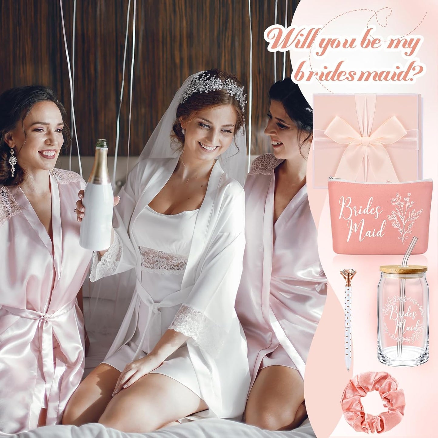 Bridesmaid Gift Box Set of 5 - Includes Glass Cups with Lids, Makeup Bags, Scrunchies, Hair Ties, and Diamond Ballpoint Pens for Wedding Party Favors (Rose Pink)
