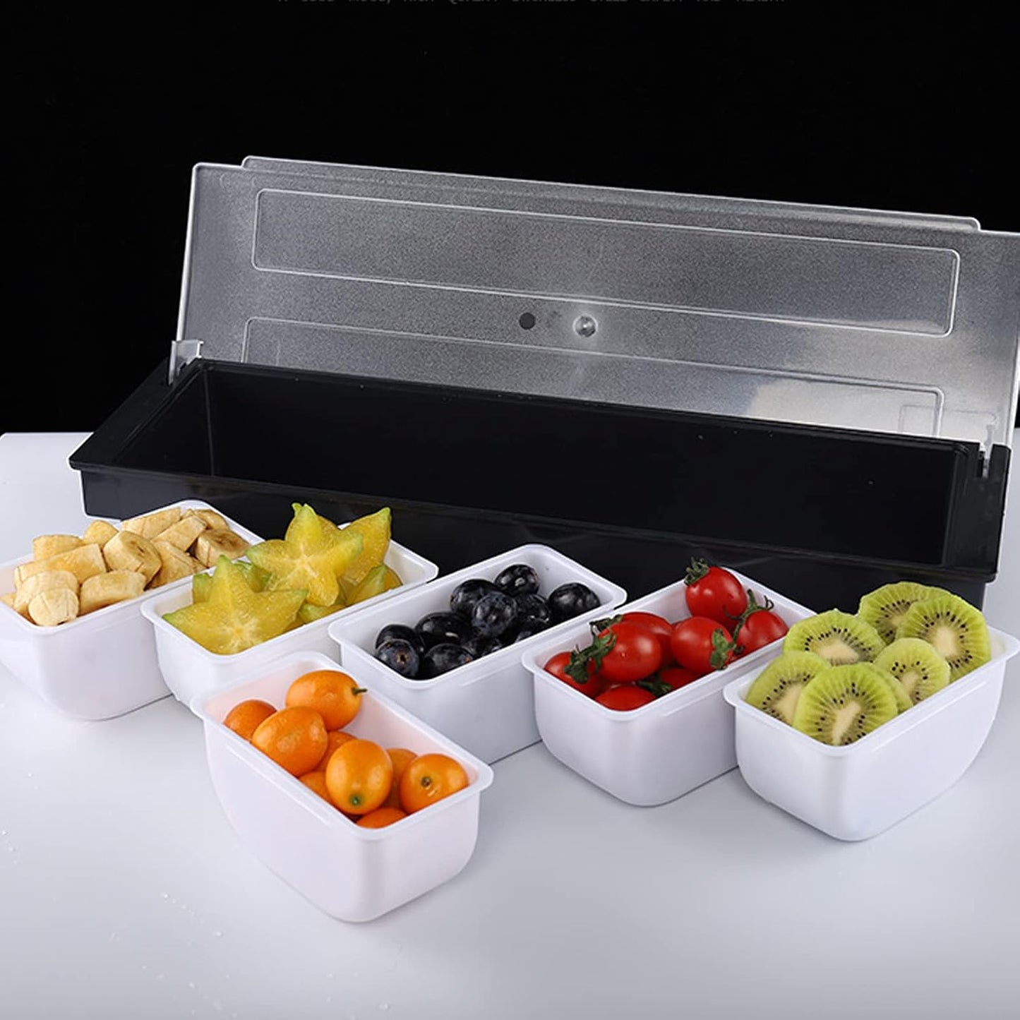 Fruit Veggie Condiment Caddy with Lid, 6 Compartment Plastic Dispenser Tray for Catering Dips Toppings, Serving Taco, Ice Cream, Fruit, & Salad Bar,Garnish Organizer for Restaurant Supplies