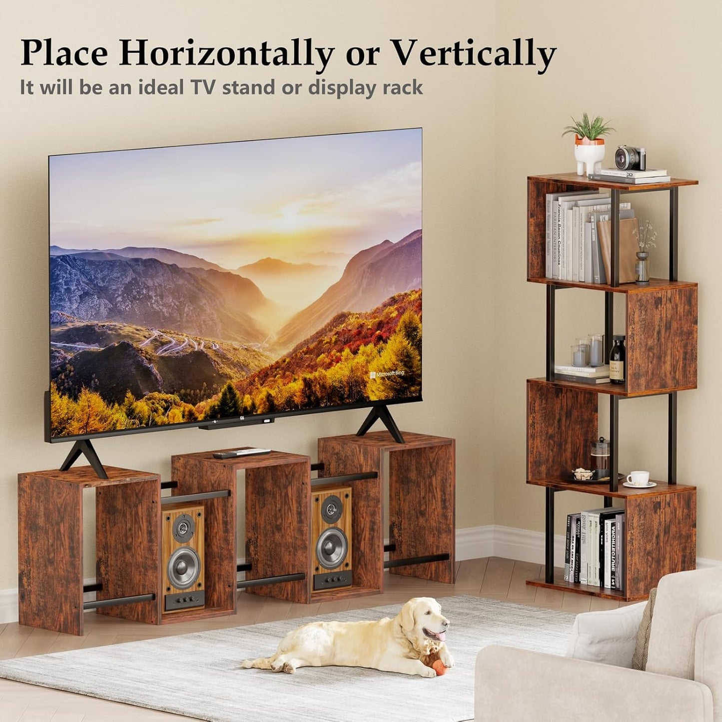 6 Tier Bookshelf, Tall S Shaped Geometric Bookcase, Modern Display Book Shelf Standing Unit, Wood Metal Decorative Room Divider Shelf for Living Room Bedroom Office, Rustic Brown