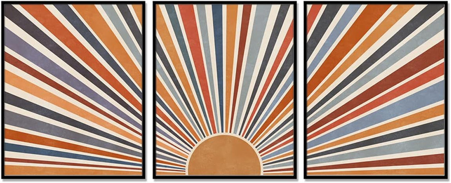 Sun Rays Print Boho Wall Decor Mid Century Modern Geometric Sunshine Wall Art Abstract Sun Boho Print Nursery Blue Orange Decor Set of 3 UNFRAMED 11X14INCH