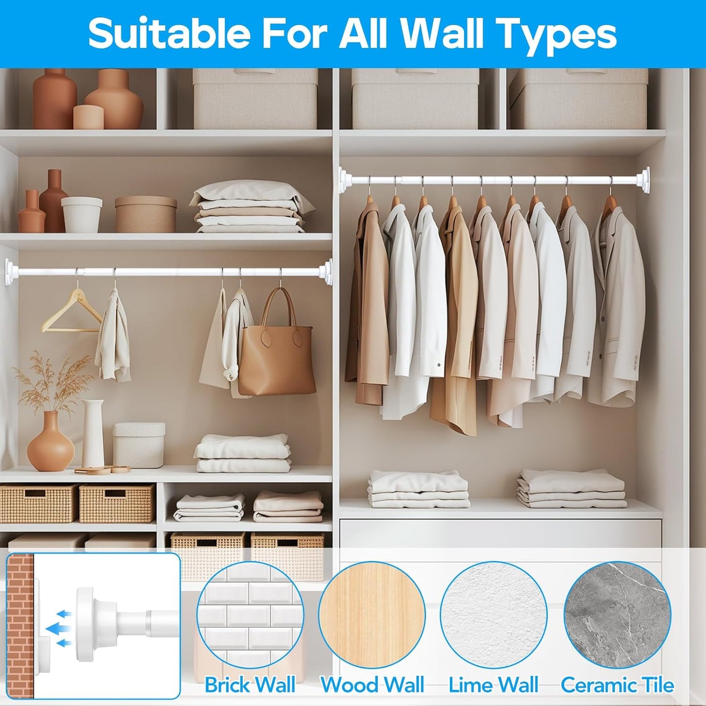 Closet Rod 28 to 48 Inch Closet Rods for Hanging Clothes Adjustable Closet Rod 1 Inch Diameter Heavy Duty Closet Hanging White Tension Rods for Closet Laundry RV, Bathroom, Window, Curtains