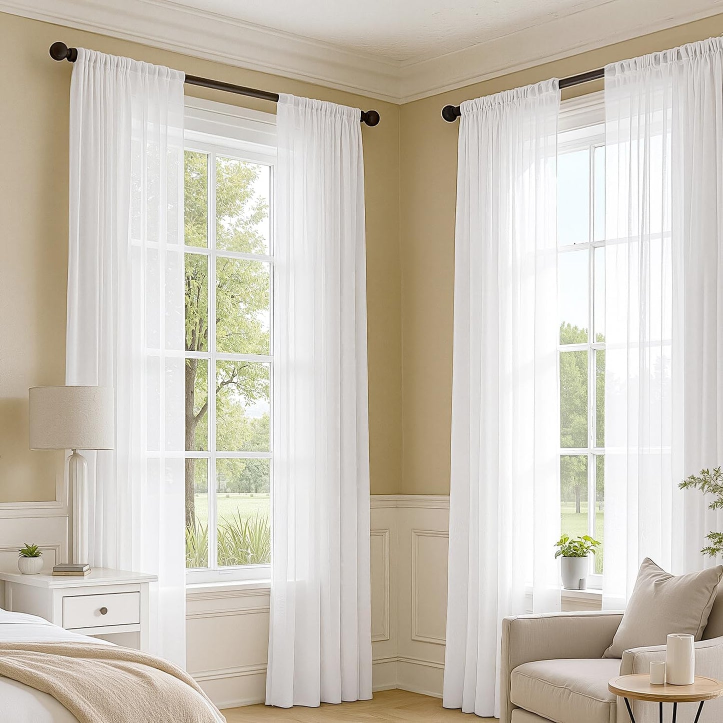 White Sheer Curtains 84 Inches Long, 4 Panels Set, Light Filtering Rod Pocket Voile Drapes for Living Room and Bedroom, Airy Soft Fabric Window Treatments, 42 X 84 Inches