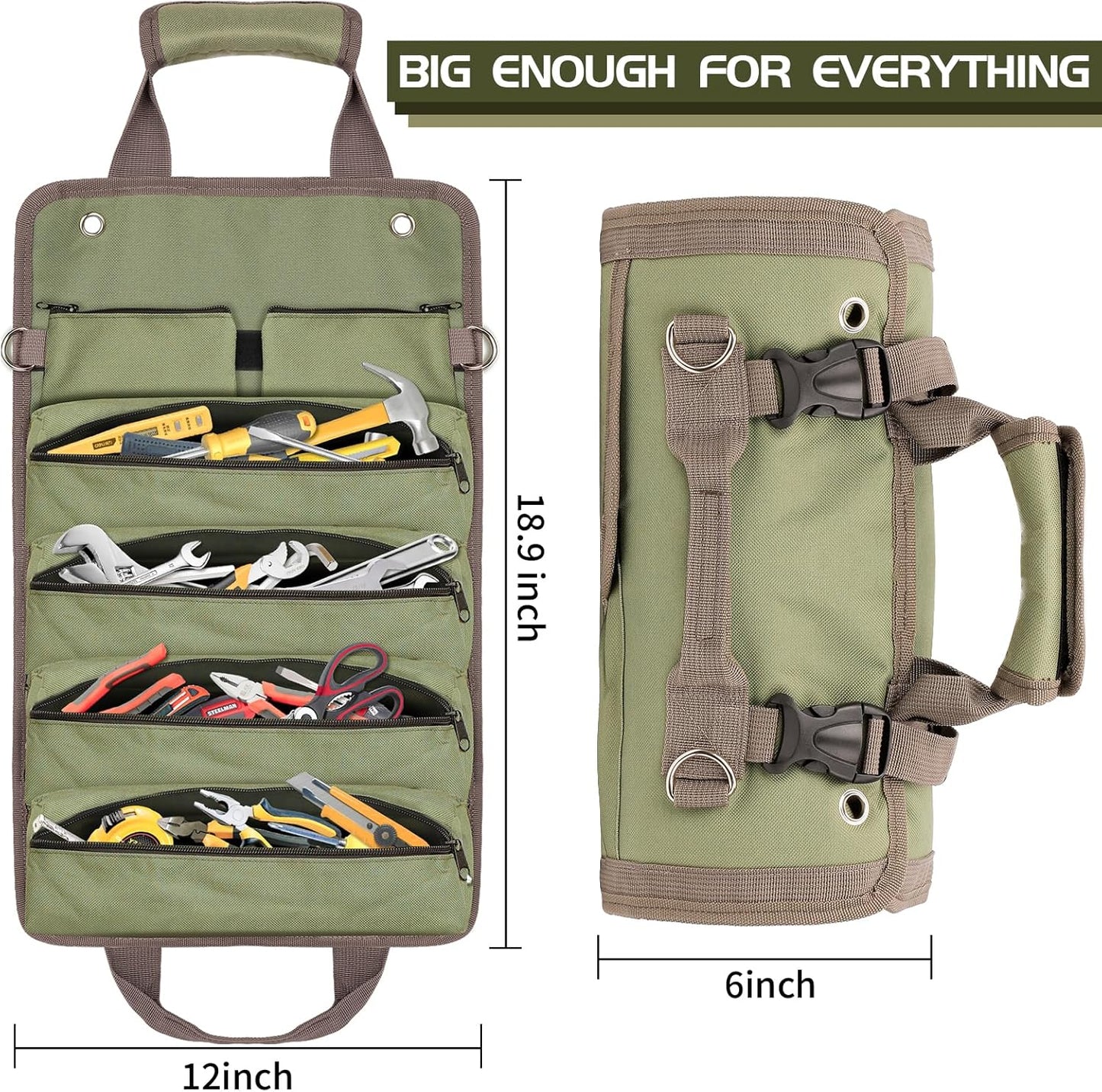 Roll up Tool Bag - Heavy Duty Green Motorcycle Tool Roll, Portable Tool Box Organizer Storage for Mechanics, Electricians, Diyers, Ideal Kit for Men, Father, Birthdays, Holidays