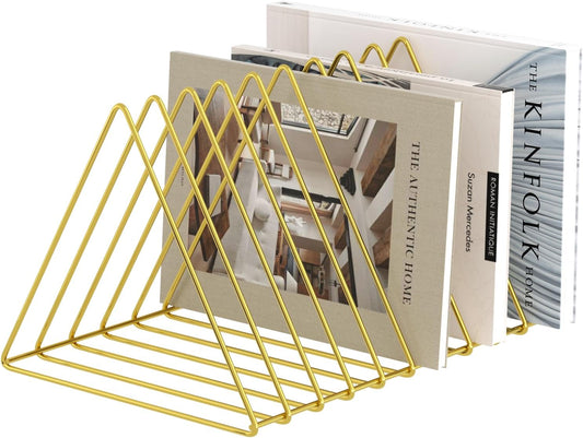 Triangle Desk Organizers Metal Wire Magazine Holder 10 Sections Decorative File Folder Organizer Vinyl Record Storage Office File Organizer for Desk - Gold Magazine File Holder