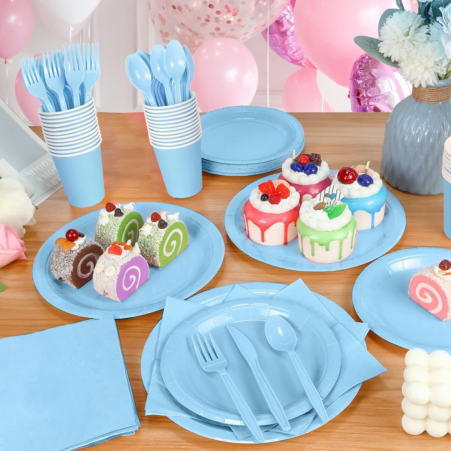 168PCS Light Blue Paper Plates and Napkins, Blue Disposable Plates Set for Baby Shower Gender Reveal Birthday Party Supplies Serve 24 Guests