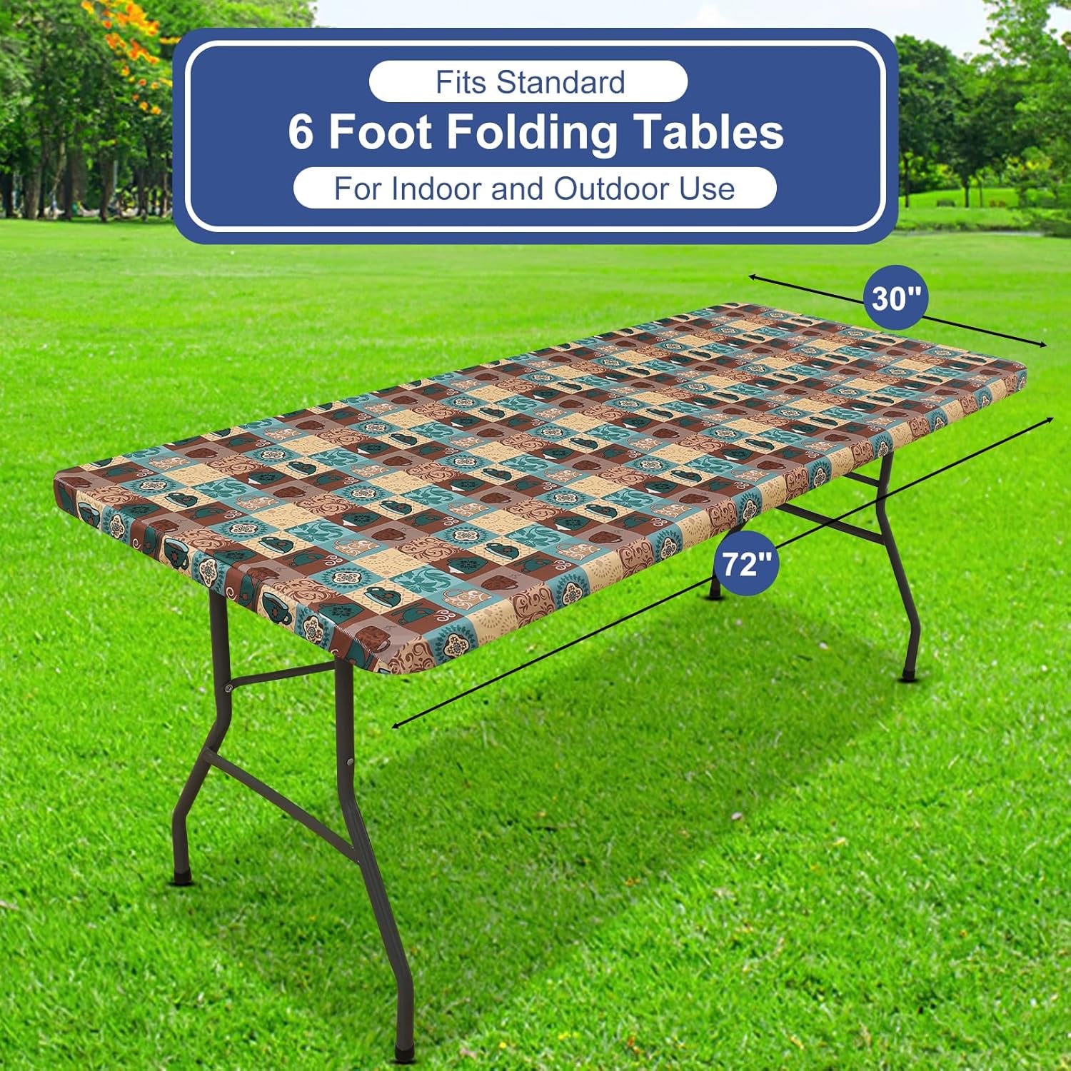 Rectangle Printed Fabric Tablecloth, Elastic Fitted Table Cloth for 6 Foot Table, Washable Polyester Table Cover for Outdoor, Picnic, Camping and Indoor, (Coffee Cup, 30" X 72")