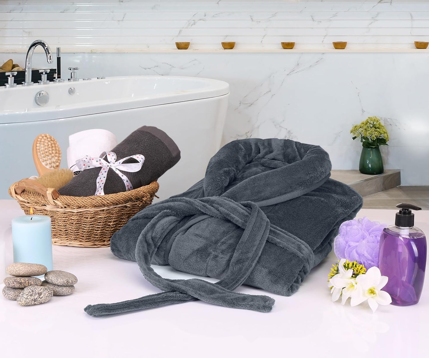 Luxurious Men'S Shawl Collar Fleece Bathrobe Long Spa Robe