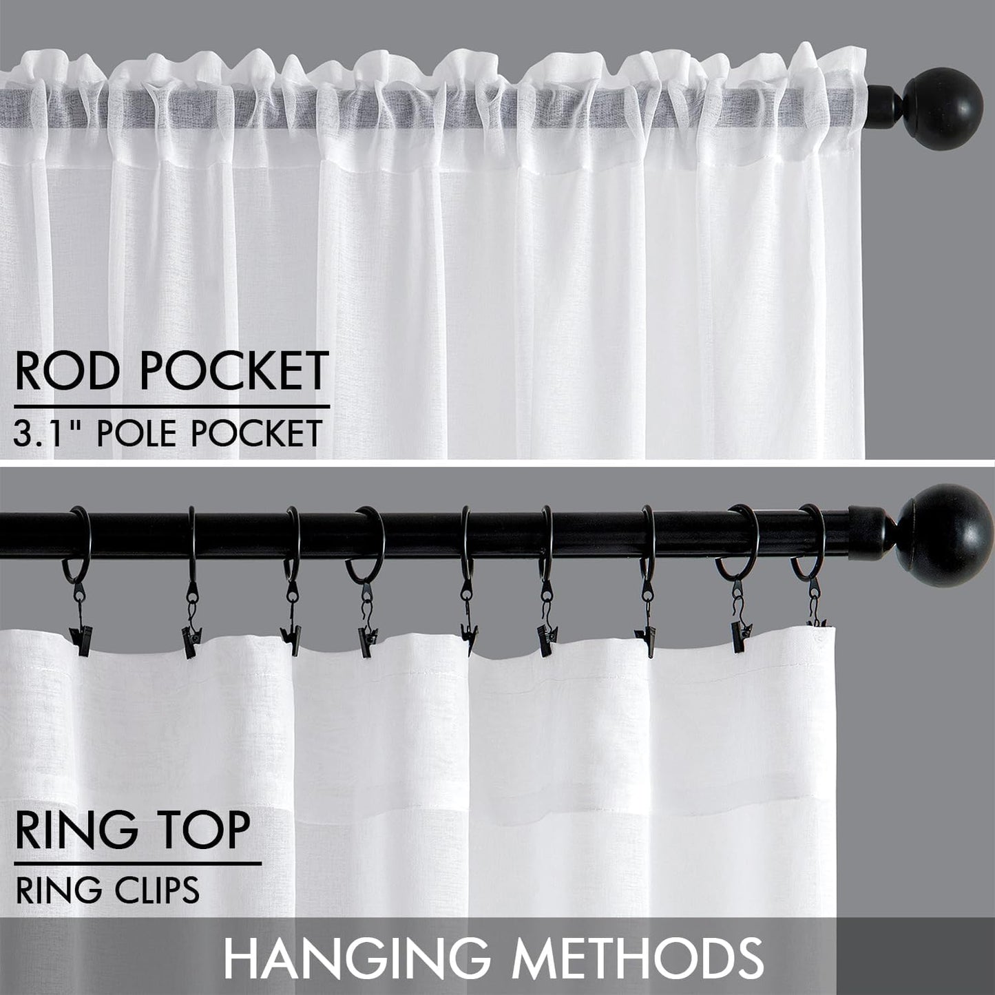 White Sheer Curtains Linen Textured 45 Inches Long 2 Panels for Bedroom Kitchen, Semi Transparent Farmhouse Rod Pocket Light Filtering Voile Window Drapes, W 42 X L 45 Inch Length