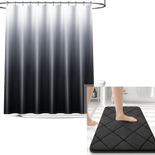 Memory Foam Bath Mat and Shower Curtain, Bath Mat Size 30X20 in Black and Shower Curtain 72X72 in Black Grey, 2 Item Bundle