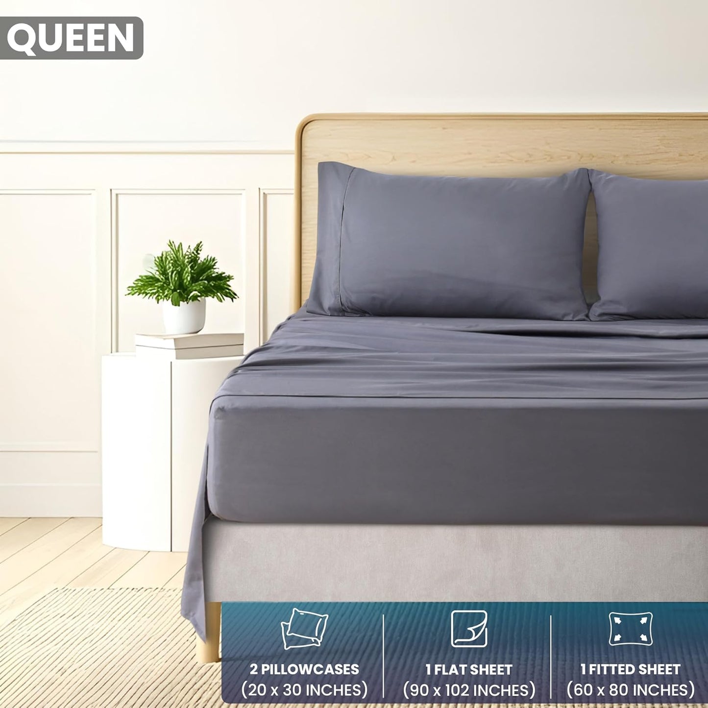 Queen Sheet Set – Brushed Microfiber – Ultra Soft Bed Sheets for Queen Size Bed Set – Deep Pocket, Wrinkle & Fade Resistant – Includes 1 Fitted, 1 Flat, 2 Pillowcases (Grey)