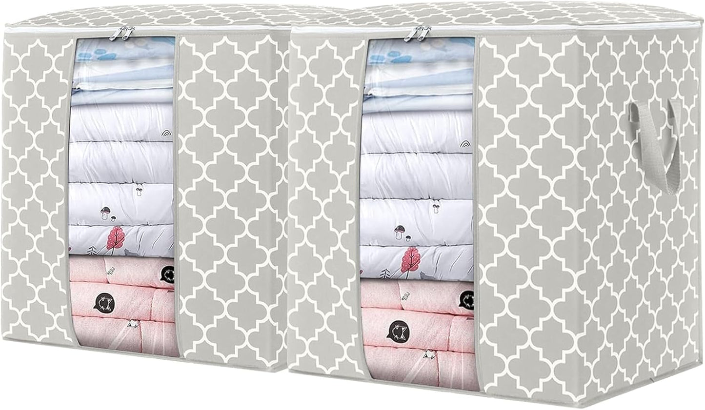 Storage Bags 2 Pack/100L Large Blanket Clothes Organization and Storage Containers for Comforters,Bedding, Foldable Organizer with Reinforced Handle, Clear Window, Sturdy Zippers,Lvory