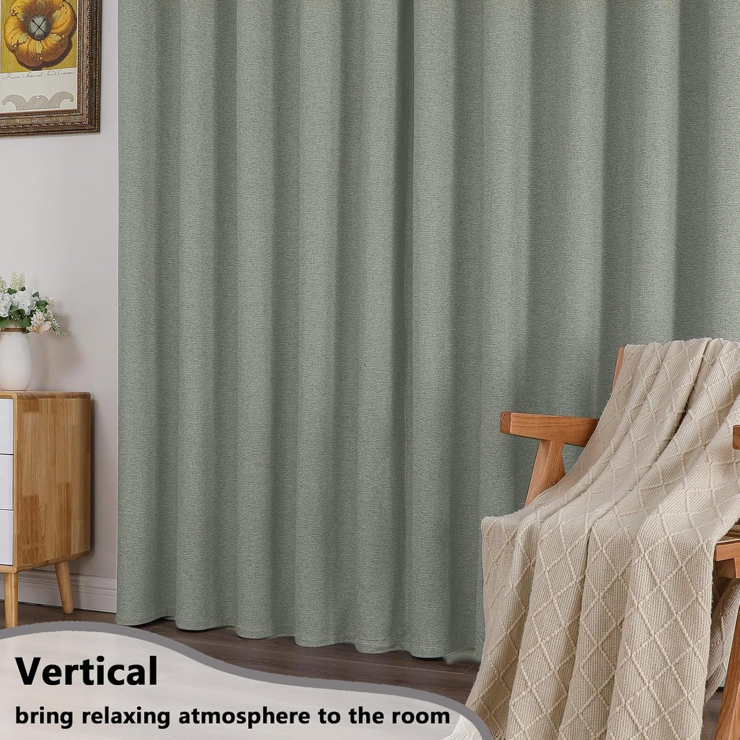 Linen Textured 100% Sage Green Blackout Curtains 63 Inch Length 2 Panels for Bedroom, Thermal Insulated Soundproof Grommet Curtains Blackout, Farmhouse Window Privacy Drapes, 40"W X 63"L