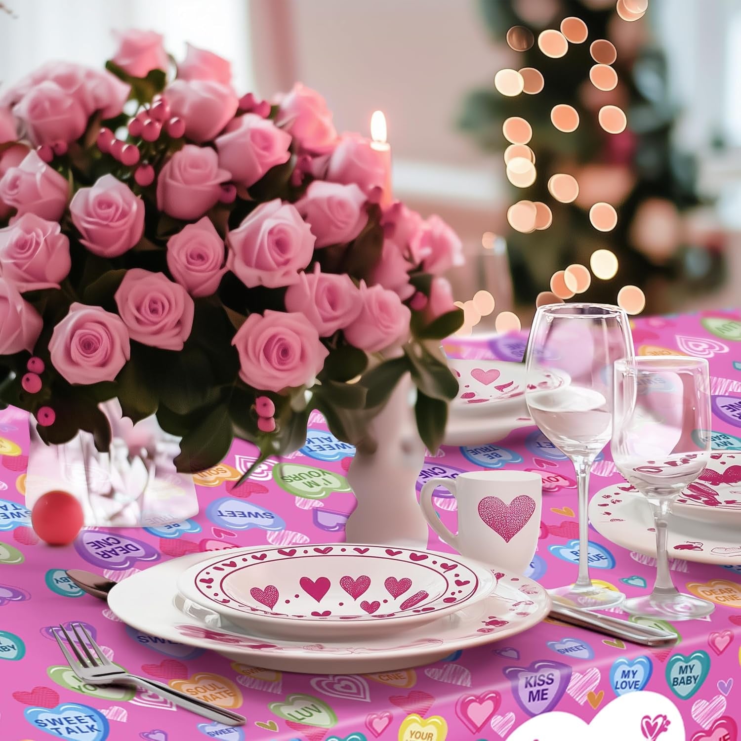 Set of 4 Disposable Waterproof Tablecloths, 54x108 inches, Featuring Love Hearts and Text for Galentine's Day, Weddings, Anniversaries, Engagements, and Celebrations