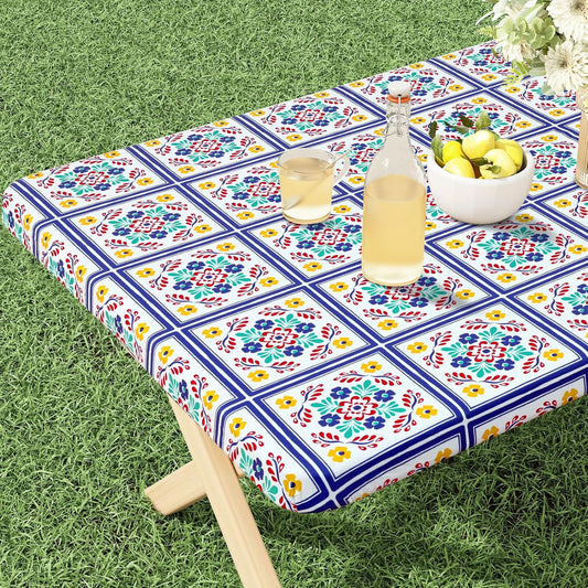 Rectangle Vinyl Tablecloth, Fitted Table Cover, 100% Waterproof, Elastic Edge, Flannel Backing, Table Cloth Fit 4 Foot Folding Tables for Picnic, Outdoor (Geometric Flower, 30X48 Inch)