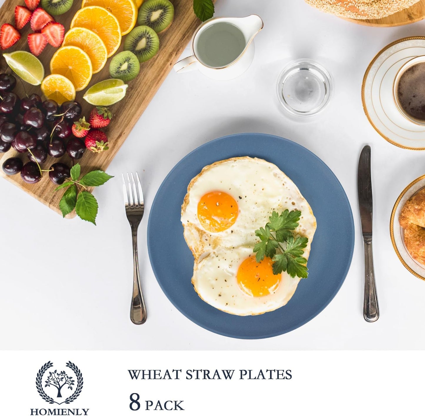 Set of 8 Unbreakable Wheat Straw Flat Dinner Plates - Microwave and Dishwasher Safe, Perfect for Camping and Salads (Blue, 10 Inch)