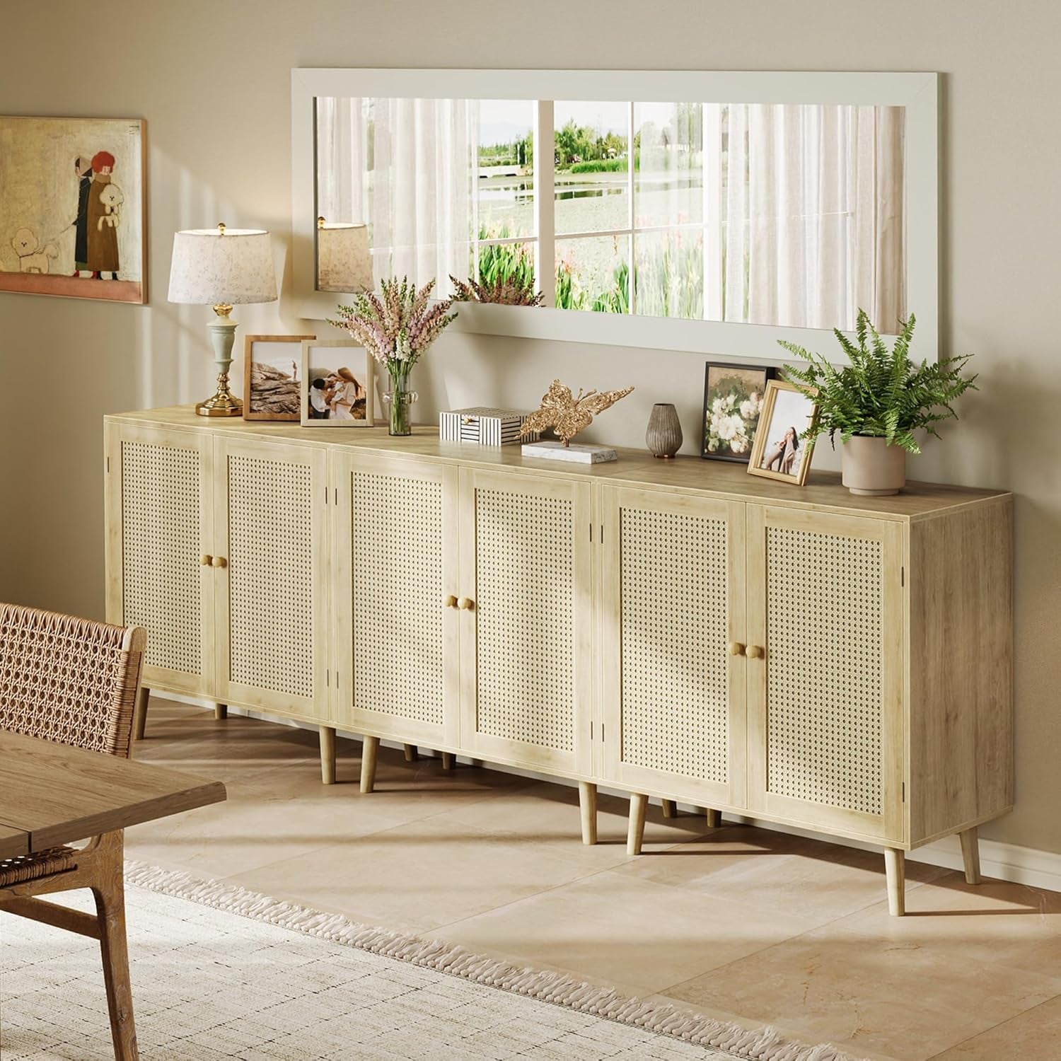 Buffet Cabinet with Storage and PE Rattan Decor Doors, Accent Sideboard with Solid Wood Legs for Hallway, Entryway, and Living Room in Natural Finish