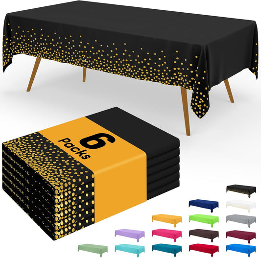 Premium Disposable Tablecloths - 6 Pack, 54 x 108 Inch Waterproof Rectangular Covers for Events, Elegant Plastic Table Covers, Leakproof & Durable, Black & Gold